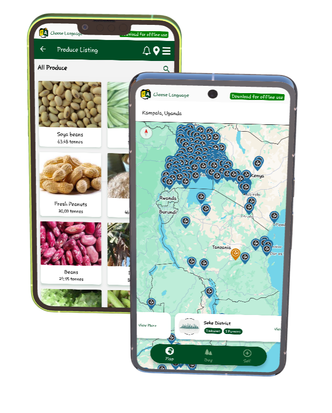 Fromyfarm mobile app showing marketplace with maps and produce listings