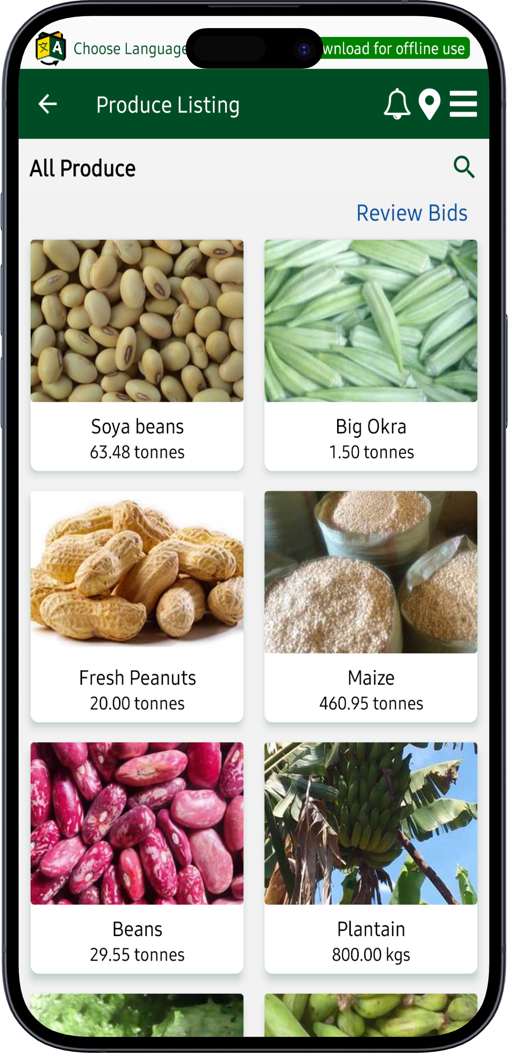 Fromyfarm mobile app showing produce listings